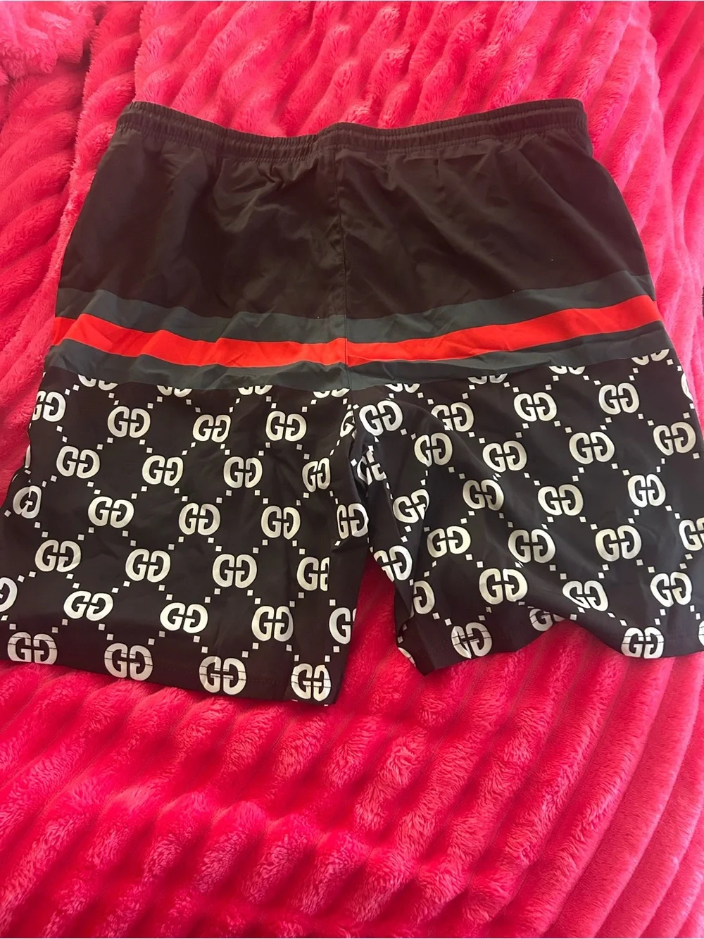Men’s GG Black Logo Swim Shorts with Red & Green Stripe
